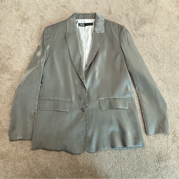 Zara silver metallic shimmer single breasted button front blazer jacket Sz S NWT - Picture 11 of 16